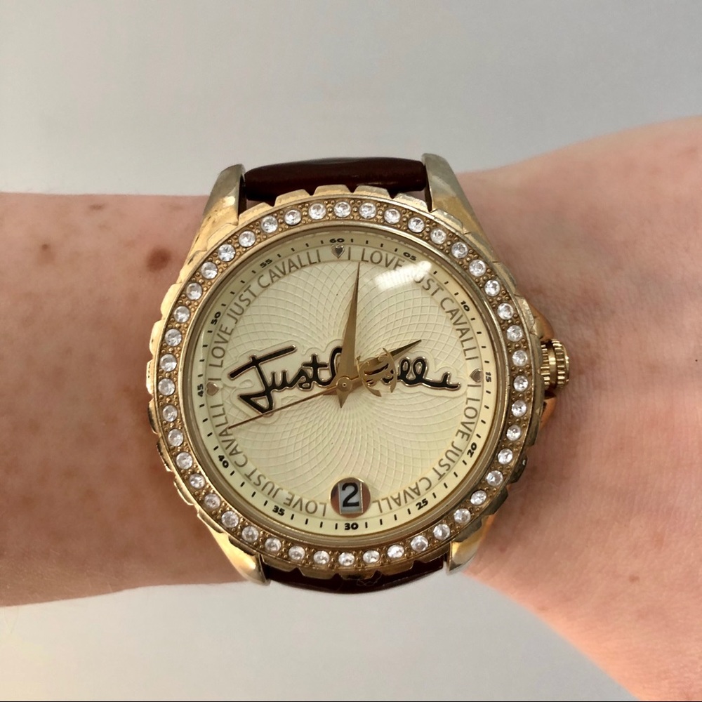 Just Cavalli gold watch with brown leather band